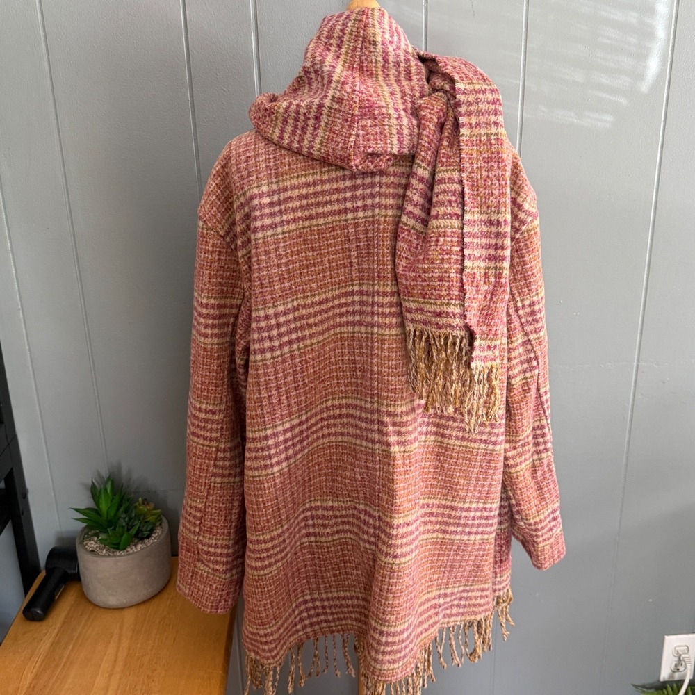 Democracy Womens Large Raspberry Multi Plaid Tubular Fringe Coat Attached Scarf - Picture 3 of 15